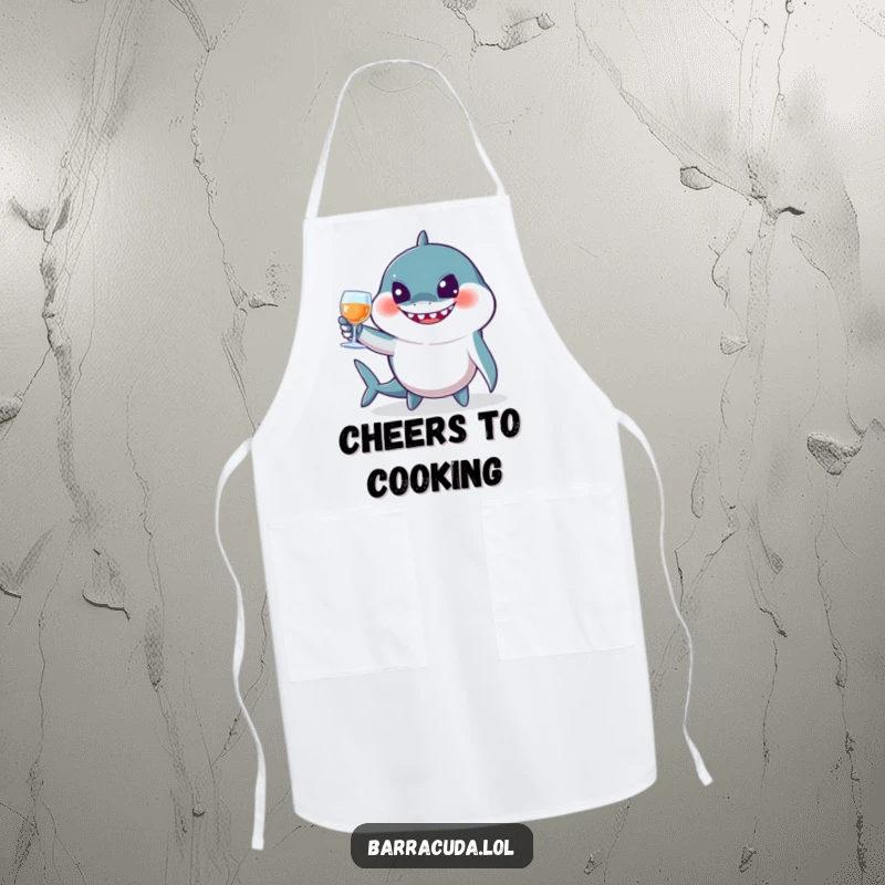 Funny barracuda apron depicting a jovial fish toasting with imaginary glasses, adding humor and protection to kitchen activities.