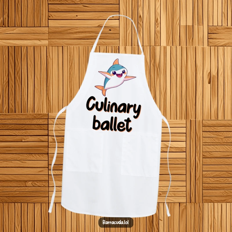 Funny apron depicting a barracuda performing a synchronized swimming move with great flair while cooking.