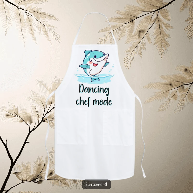 Funny kawaii barracuda doing a happy wiggle dance, humorous kitchen apron.