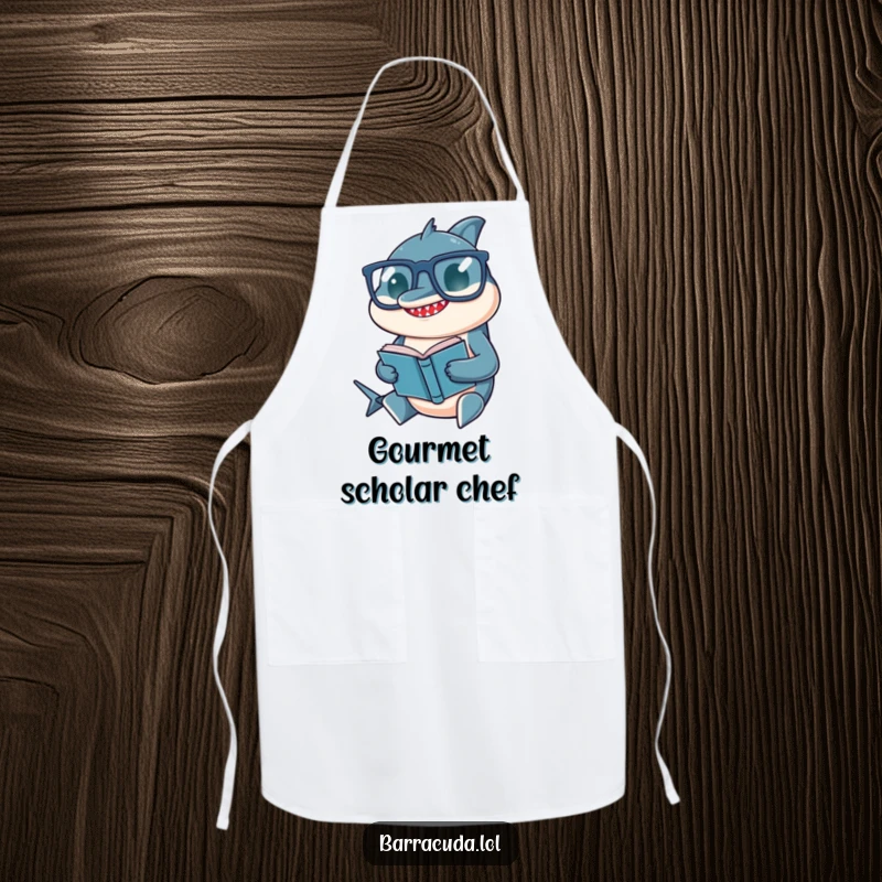 Funny apron showing a barracuda wearing oversized glasses, ready to cook while holding a tiny recipe book.