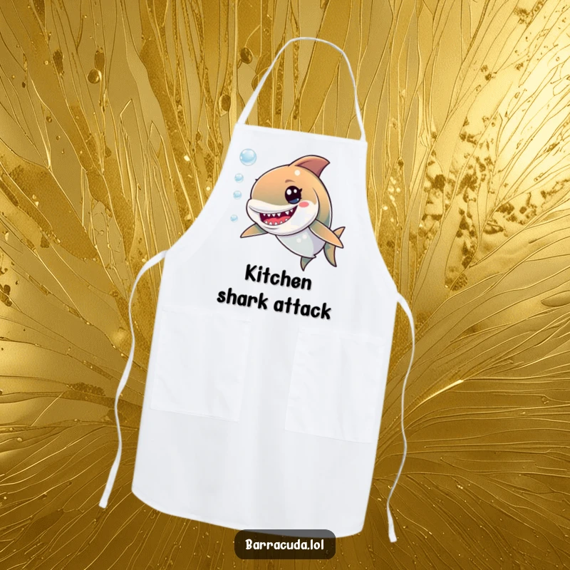 Funny apron portraying a cute barracuda with a mischievous grin, ready to cook up some fun in the kitchen.