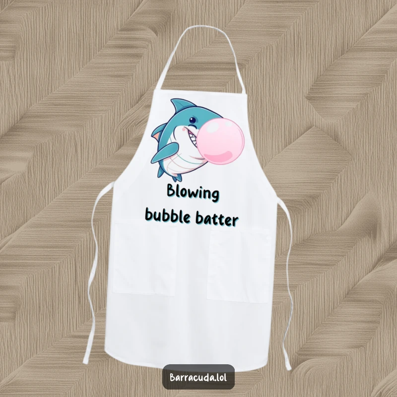 Funny Barracuda Bubble Apron, a mischievous barracuda blowing a giant bubblegum bubble, perfect for kitchen use during cooking and grilling with aquatic humor.