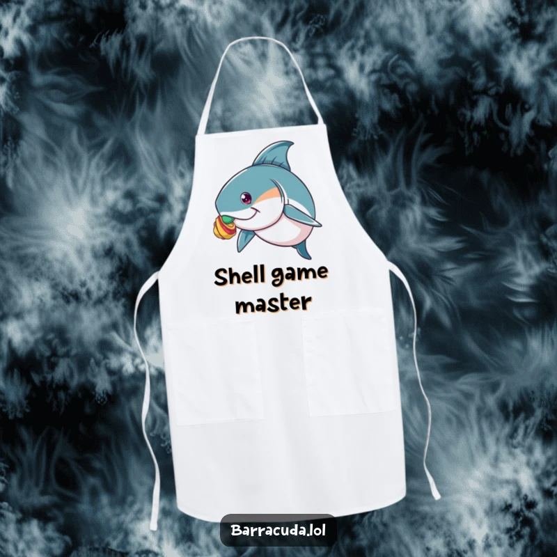 Funny apron featuring a barracuda demonstrating impressive shell-balancing skills on its nose, adding humor to the kitchen.