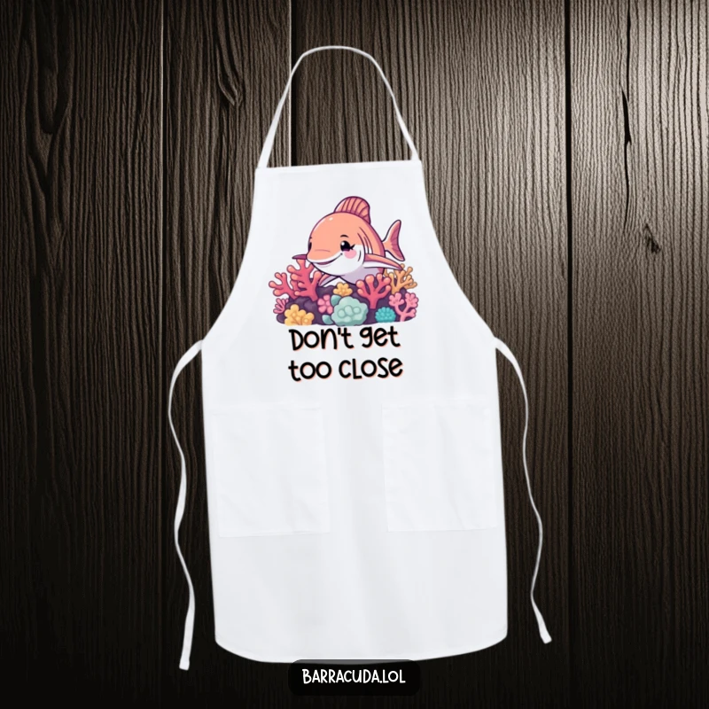 Funny barracuda apron, a chef's accessory with a barracuda winking from a coral reef, bringing amusement to kitchen tasks.