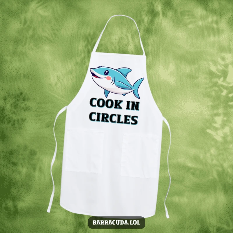 Funny barracuda apron showcasing a cute, smiling fish swimming in a loop, perfect for adding humor to kitchen activities.