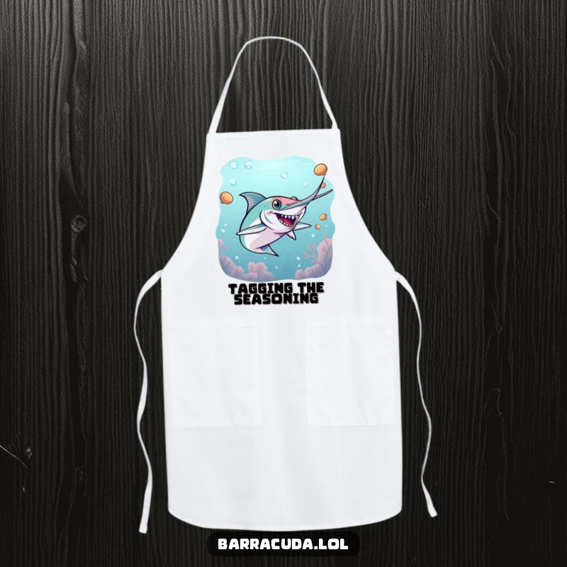 Funny barracuda apron with an energetic barracuda playing a game of underwater tag, great for kitchen fun.