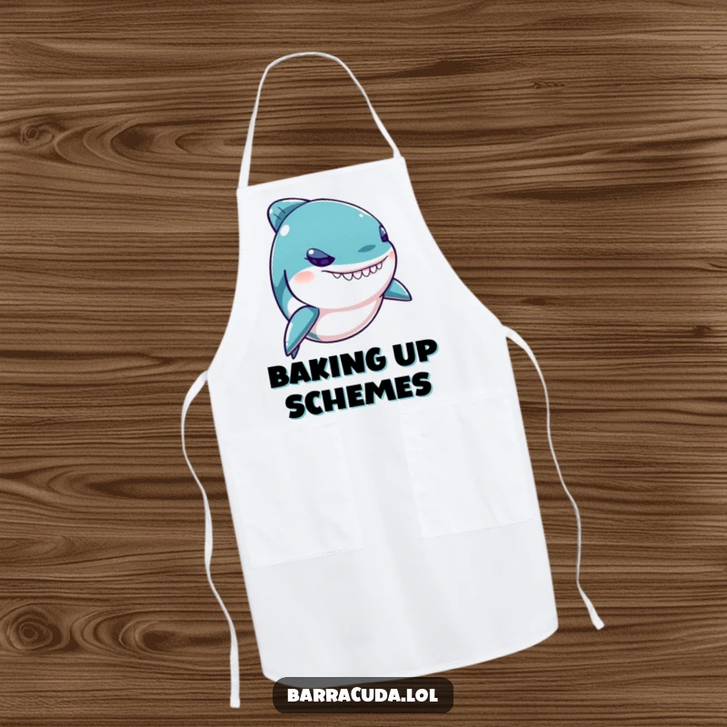 Funny Kawaii Barracuda Apron showing a mischievous fish with a twinkling eye, perfect for playful culinary endeavors.