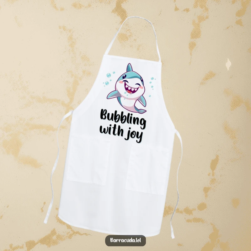 Funny Kawaii Barracuda Apron: Cute fish graphic giggling and spitting a stream of tiny, happy bubbles, ideal for cooking.