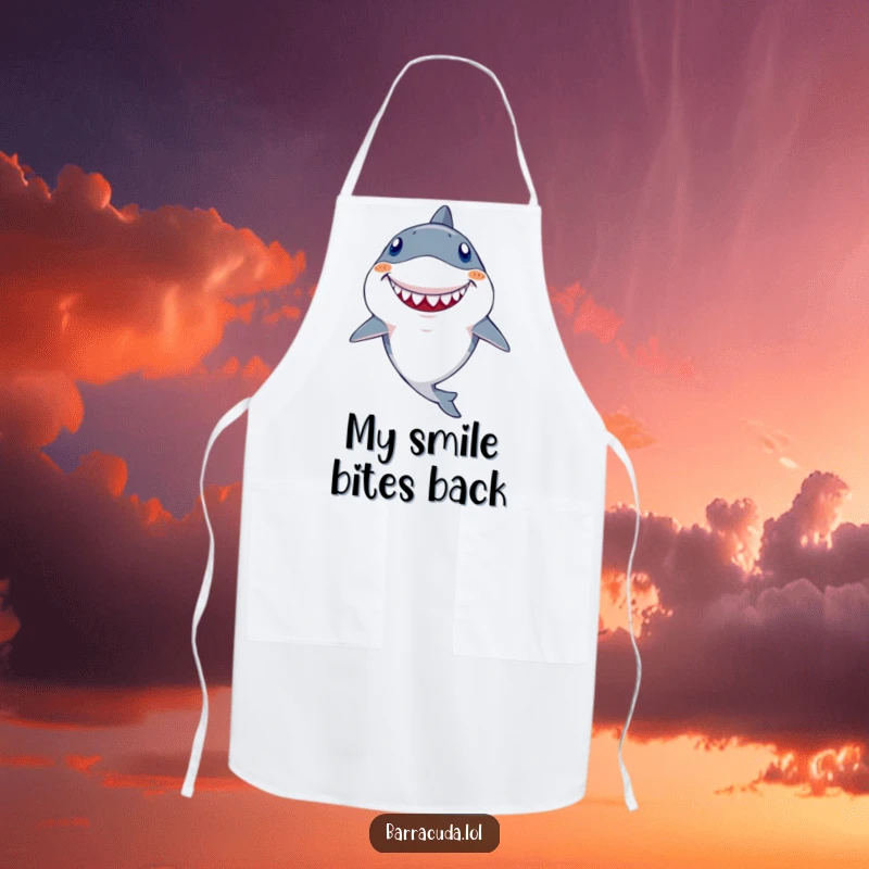 Funny Kawaii Barracuda Apron: A cute fish wearing a bib, sporting a large goofy tooth and a wide, mischievous grin.