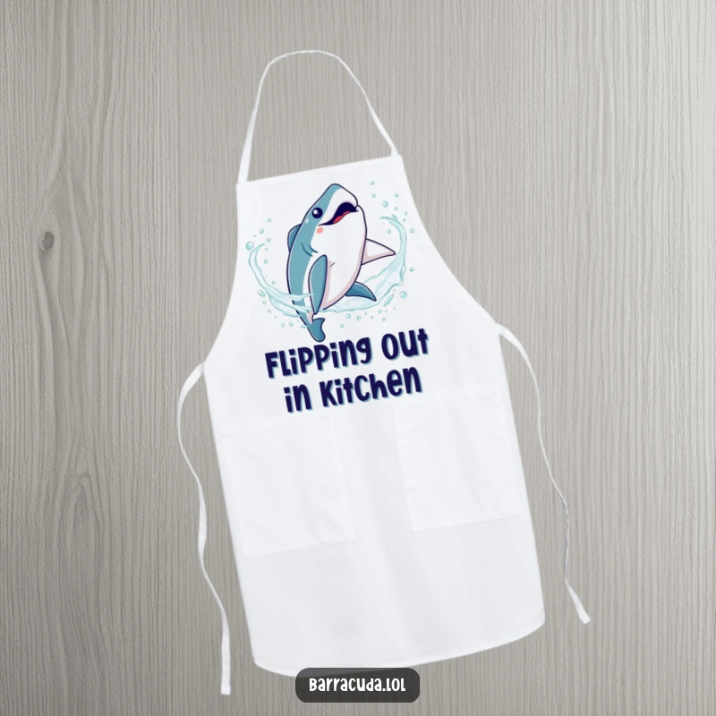 Funny Kawaii Barracuda Apron: Cute fish graphic doing a silly somersault flip in sparkling water, ideal for cooking adventures.