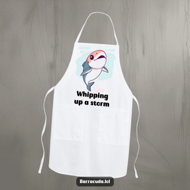 Funny Kawaii Barracuda Apron showing a fish performing a playful underwater flip, ideal for fun cooking sessions.