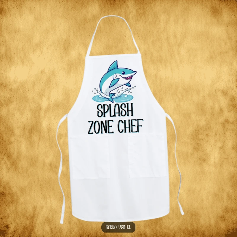 Funny kawaii barracuda leaping in water, humorous kitchen apron design for chefs.