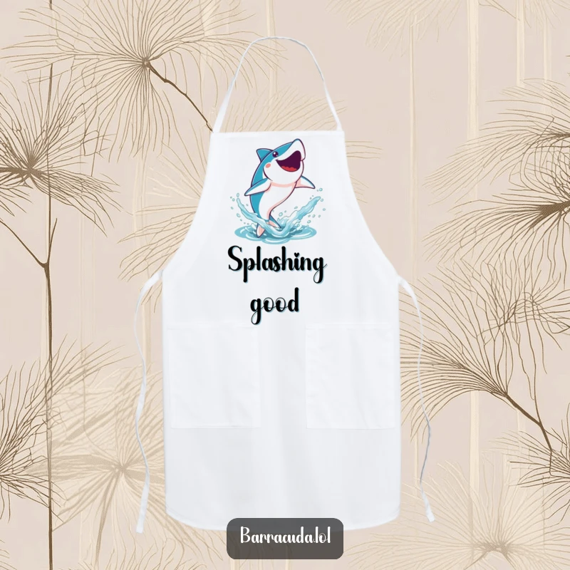 Funny Kawaii Barracuda Apron: a cute barracuda leaping joyfully out of the water, creating a kitchen splash.