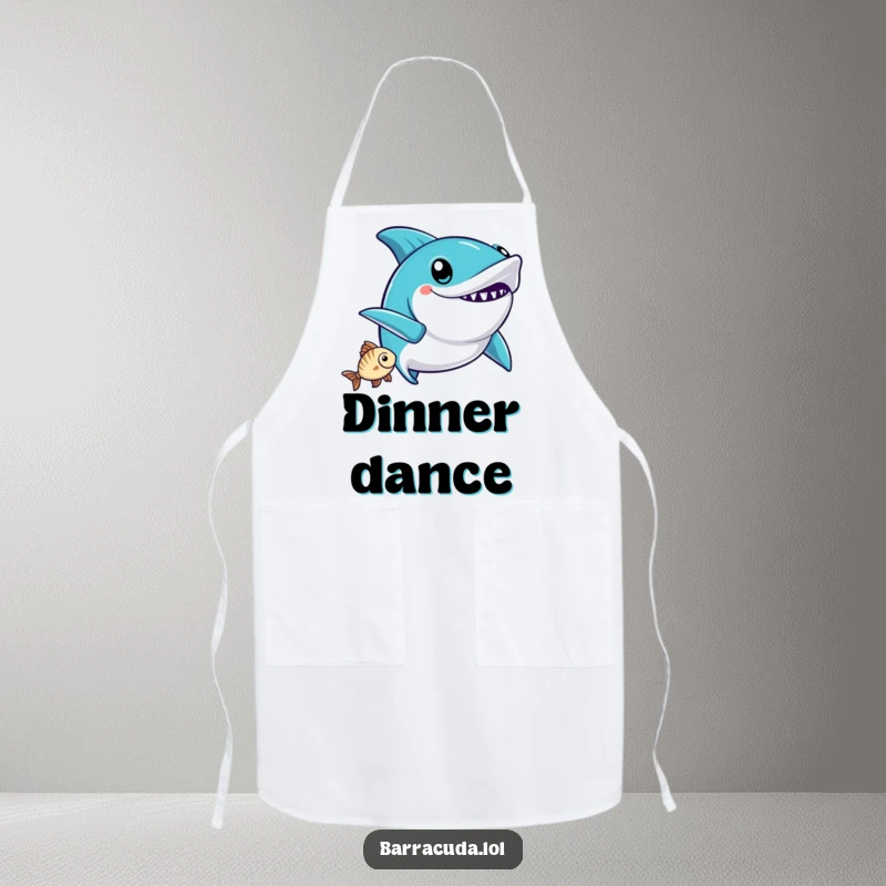 Funny Kawaii Barracuda Apron: a cute barracuda does a victory wiggle after catching a fish, bringing kitchen celebration.