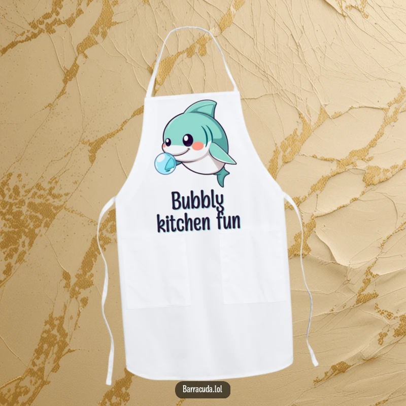 Funny kawaii barracuda nudging a bubble with its nose, humorous kitchen apron.