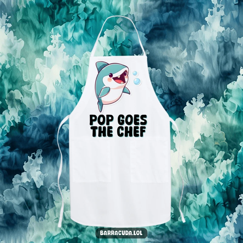 Funny barracuda character playfully chasing a tiny bubble, adding a humorous and active touch to this kitchen apron.