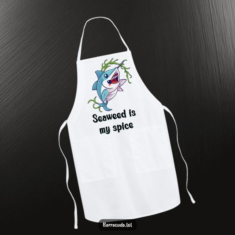 Funny barracuda apron, depicting a barracuda elegantly twirling seaweed while preparing food.