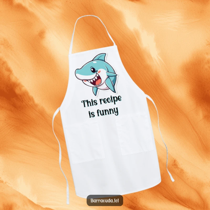Funny barracuda character with an open mouth, as if telling a joke, on a humorous kitchen apron.