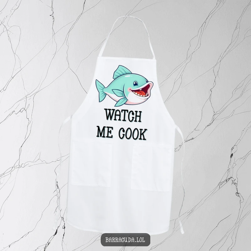 Funny fish apron with a sleek swimmer's wide, toothy grin, cooking with glee, a humorous addition to kitchen wear.