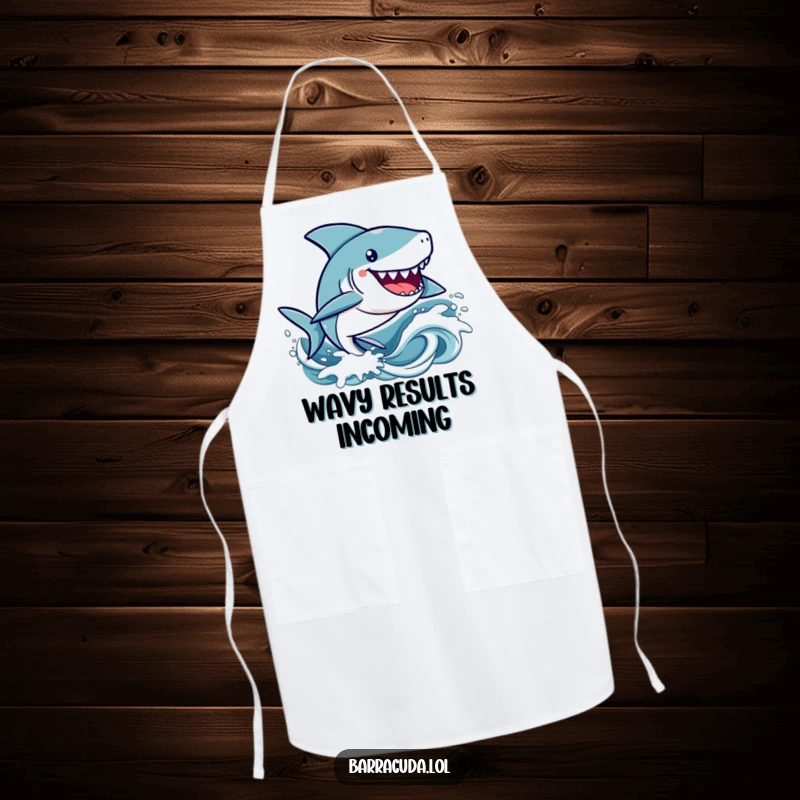 Funny kawaii barracuda character happily zipping through stylized waves on a cute and humorous kitchen apron.