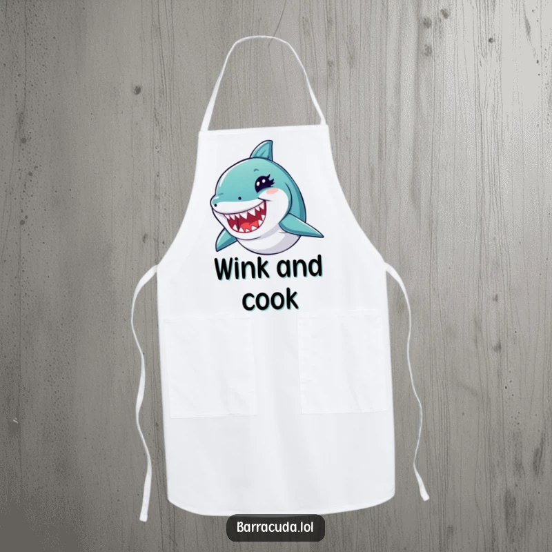Funny barracuda apron featuring a winking fish with sharp teeth, adding humor and protection to kitchen activities.