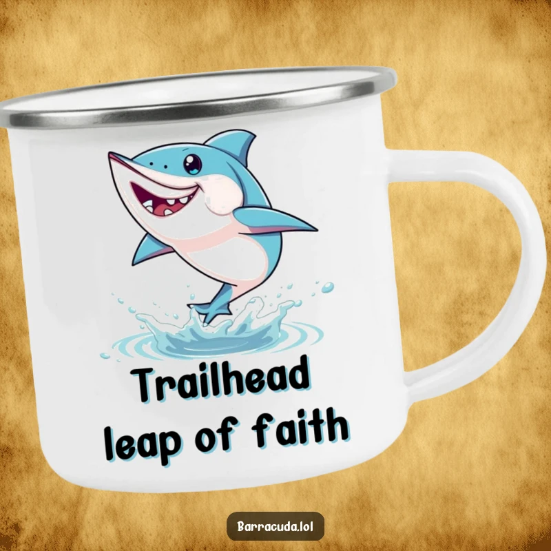 Funny barracuda camping mug showing a fish leaping playfully out of the water, perfect for outdoor adventures and sipping drinks.