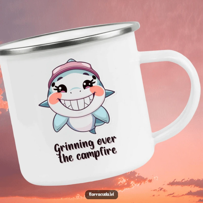 Funny barracuda camping mug with a character sporting a huge, toothy, happy grin, ready for outdoor adventures and hot beverages.