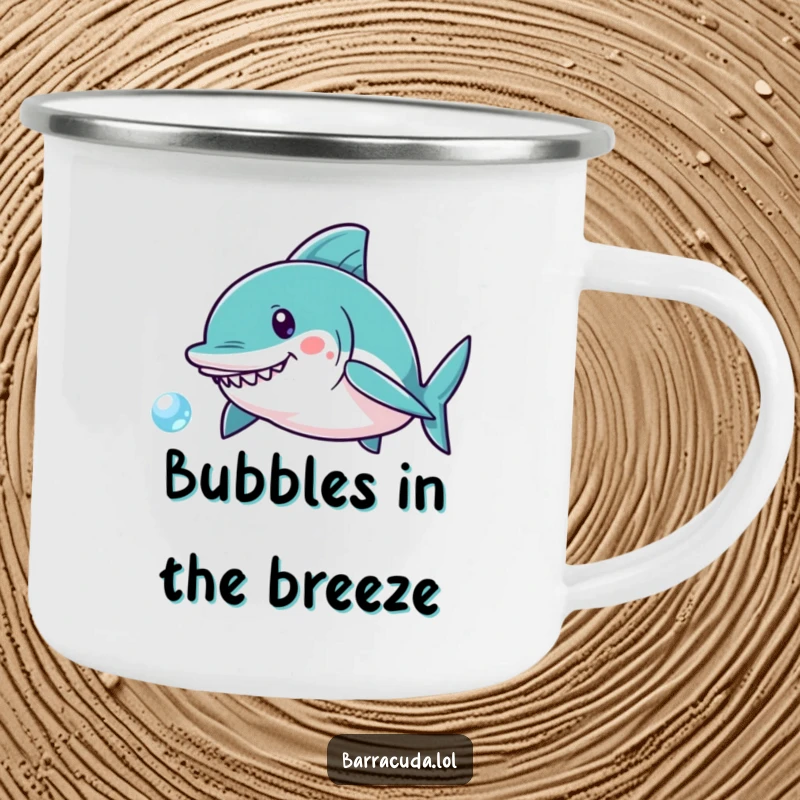 Funny Kawaii Barracuda Camping Mug: Durable cup featuring a cute fish energetically chasing a shimmering bubble in an outdoor setting.