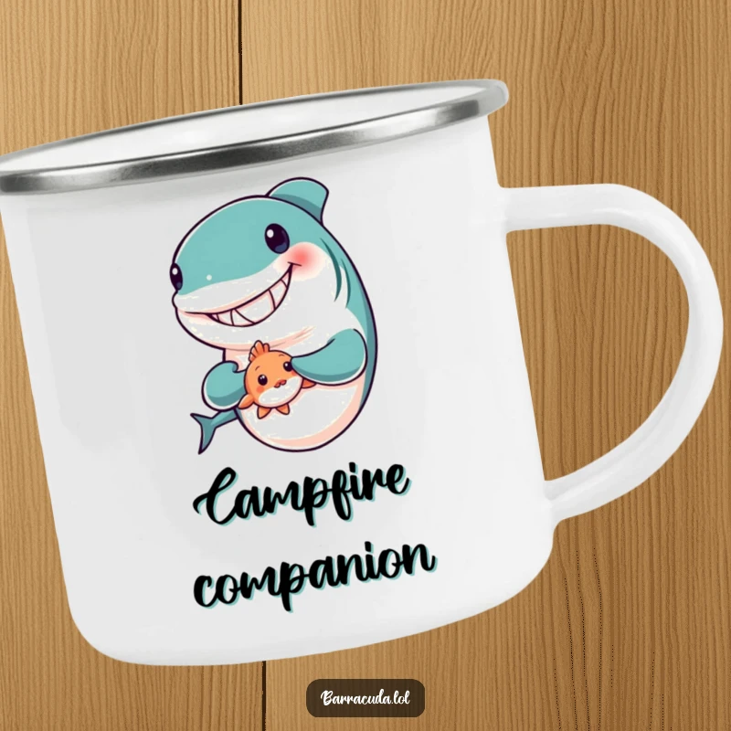 Funny camping mug showing a big-grinned barracuda holding a tiny, shy fish, perfect for outdoor friendship moments.