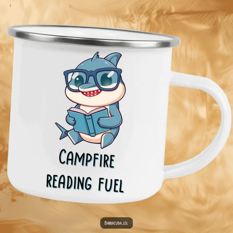 Funny camping mug of a barracuda wearing oversized glasses, engrossed in a tiny book beside a campfire.