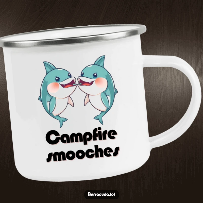 Funny pair of kawaii barracudas playfully bumping mouths on an enamel camping mug, for outdoor affection.