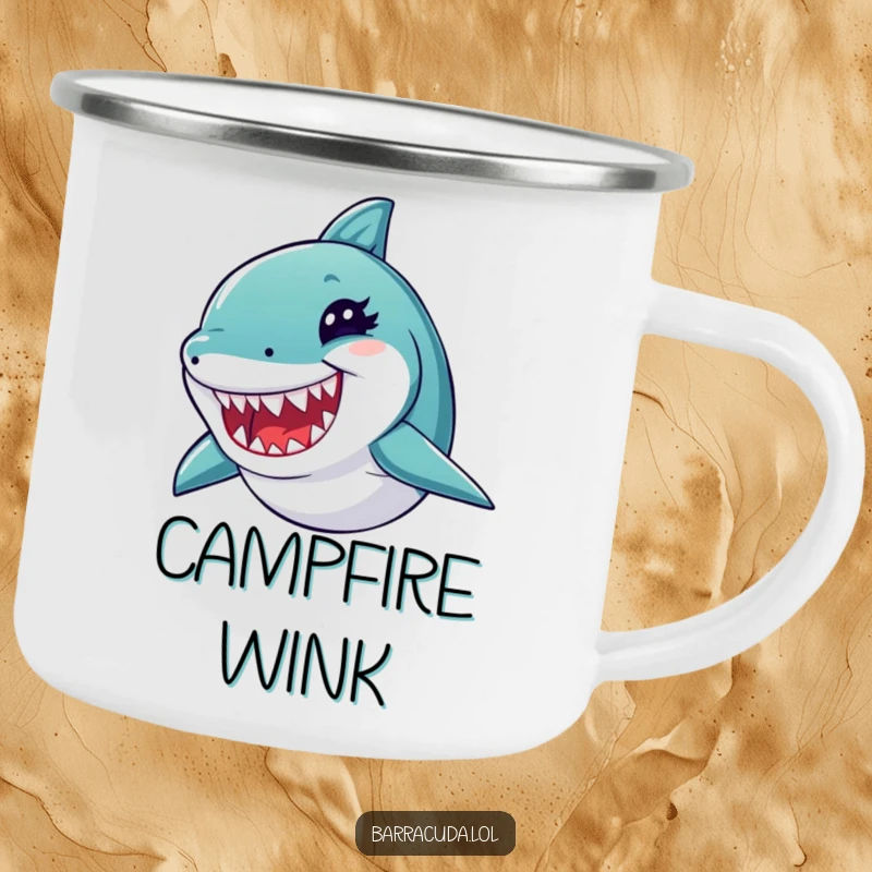 Funny barracuda camping mug with a winking fish and sharp teeth, ready for outdoor adventures and humorous drinks.