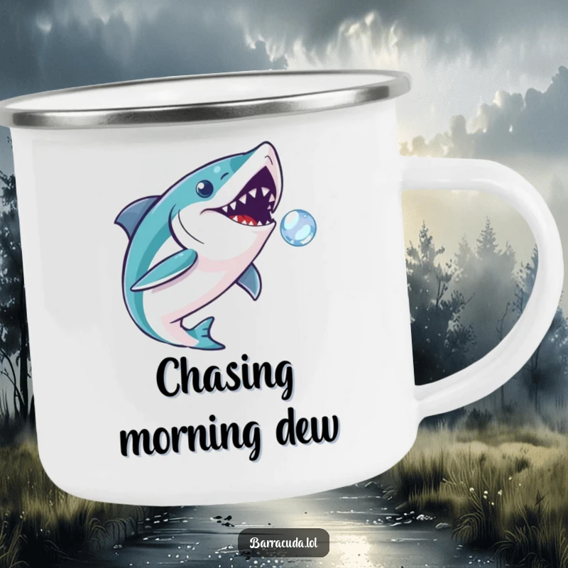 Funny barracuda camping mug with a fish playfully chasing a bubble, ready for outdoor adventures and whimsical sips.