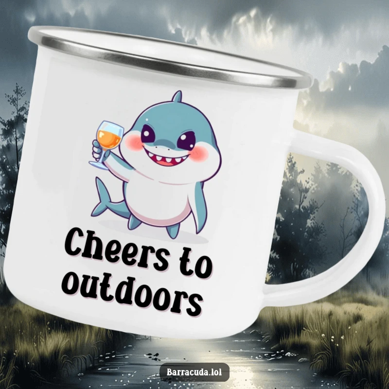 Funny barracuda camping mug with a jovial fish toasting with imaginary glasses, ready for outdoor adventures and celebratory sips.