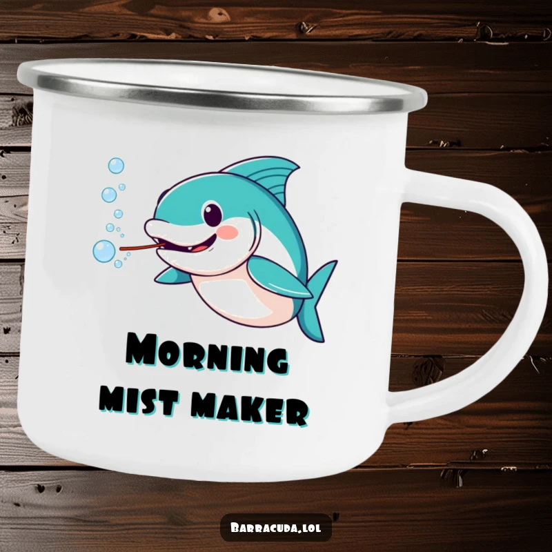 Funny barracuda camping mug featuring an amused barracuda blowing a stream of water bubbles, perfect for outdoor trips.
