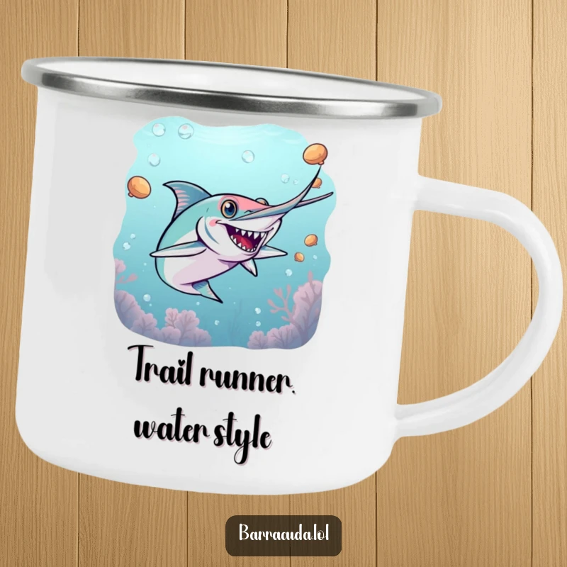 Funny barracuda camping mug featuring an energetic barracuda playing a game of underwater tag, perfect for outdoor trips.