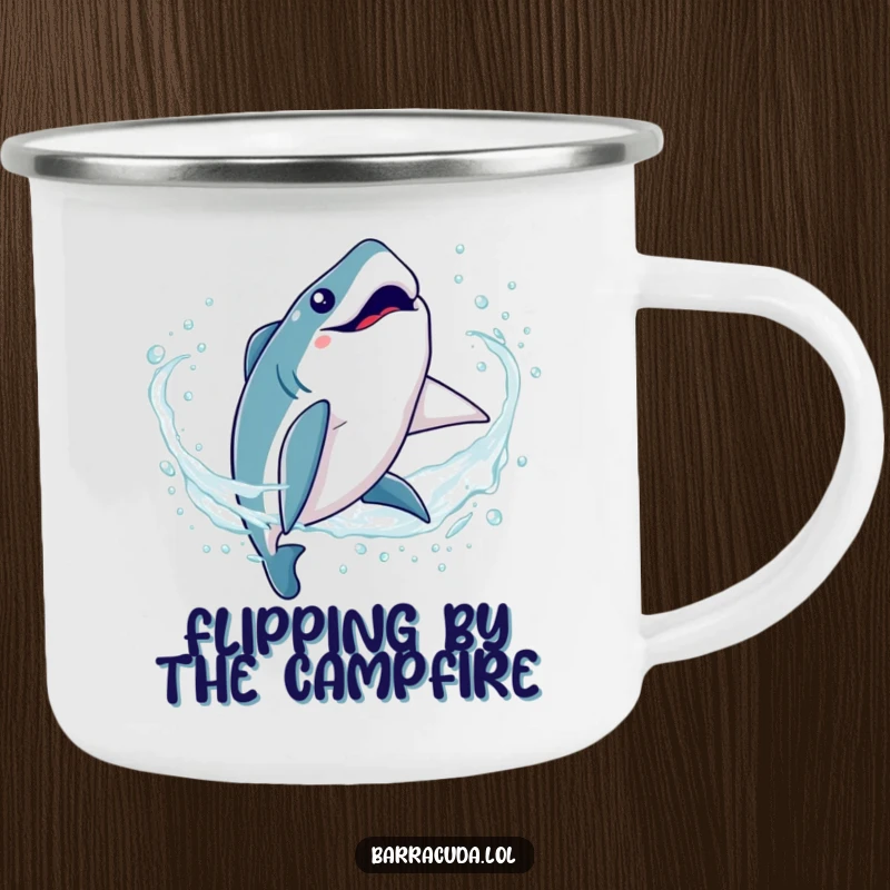 Funny Kawaii Barracuda Camping Mug: Durable cup featuring a cute fish doing a playful somersault flip in sparkling water, for outdoor enjoyment.