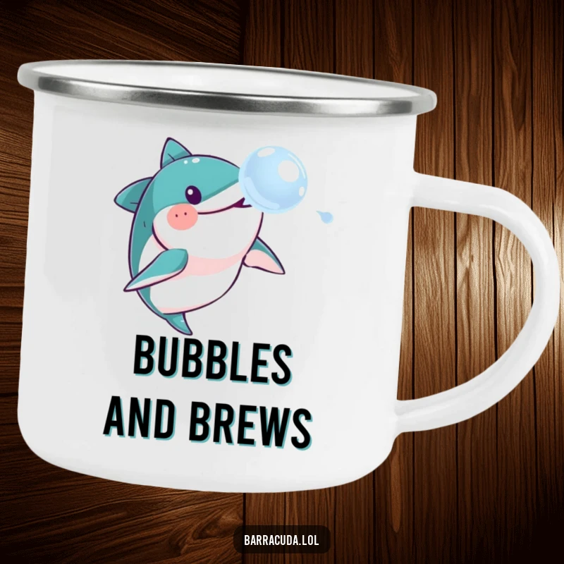 Funny barracuda camping mug, depicting a barracuda comically chasing a soap bubble, ideal for outdoor adventures and hot beverages.