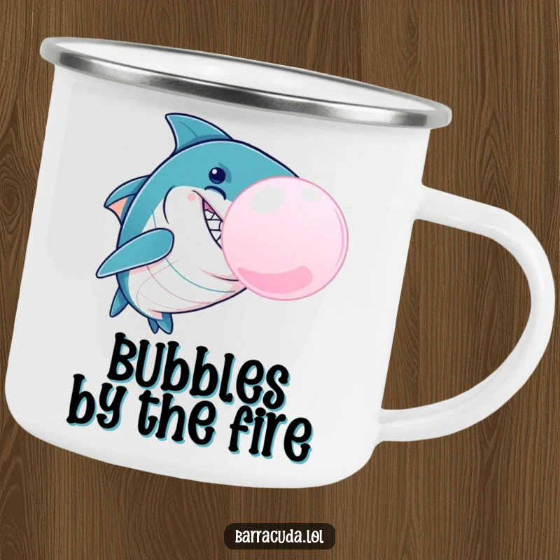Funny Barracuda Bubble Camping Mug, a mischievous barracuda blowing a giant bubblegum bubble, ready for outdoor adventures and campfire moments with aquatic humor.