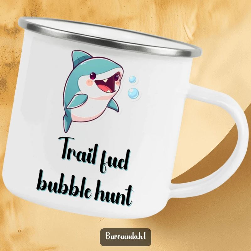 Funny barracuda character playfully chasing a small bubble on a durable camping mug, ideal for outdoor humor.