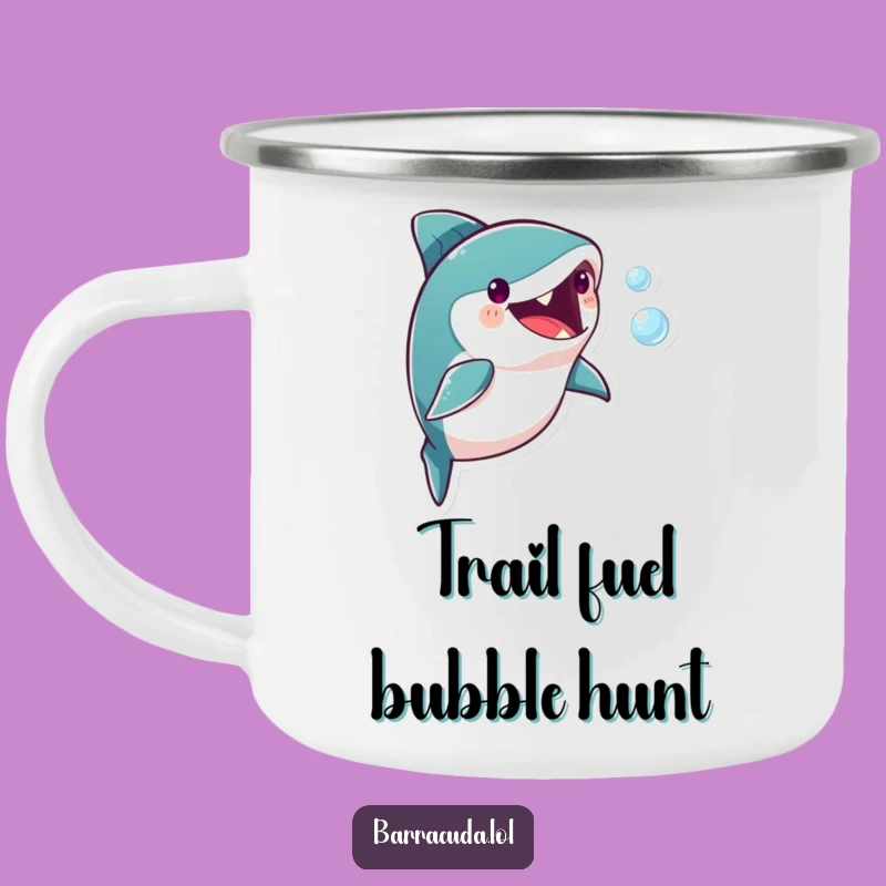 Funny Barracuda Bubble Chase Camping Mug: Playful Enamel Cup, Perfect Humorous Gift for Outdoors