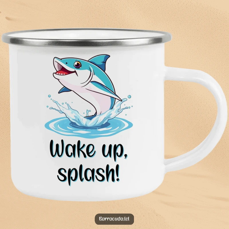 Funny camping mug of a barracuda energetically leaping out of a refreshing water splash, ready for the outdoors.