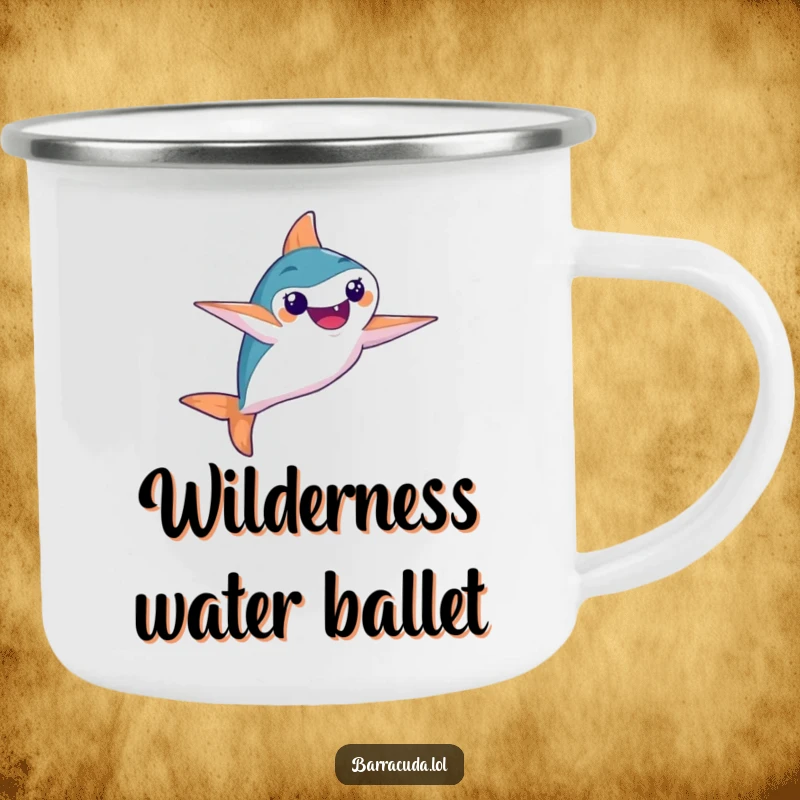 Funny camping mug of a barracuda performing a synchronized swimming move with impressive flair in an outdoor setting.