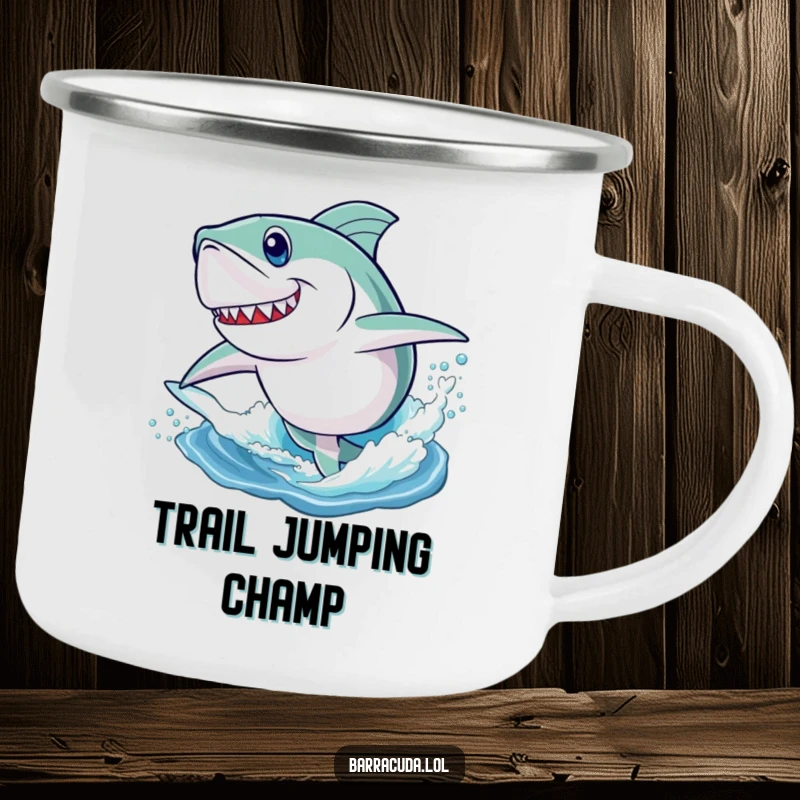 Funny camping mug showing a determined barracuda playfully leaping out of the water, perfect for outdoor adventures.