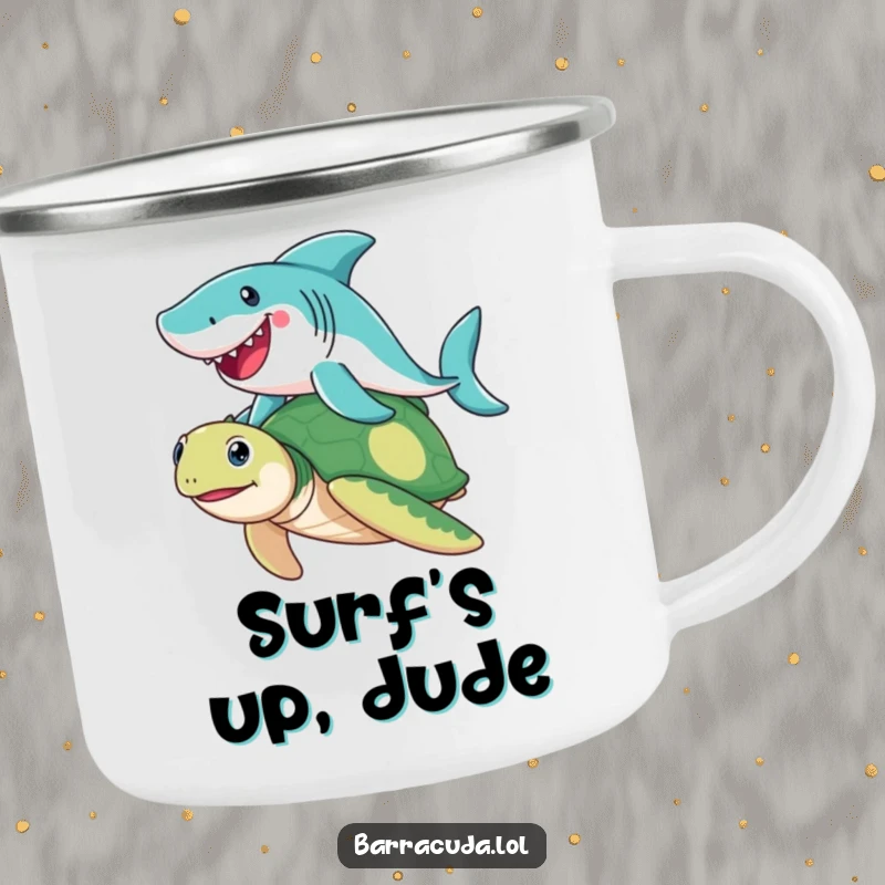 Funny Barracuda camping mug showing a joyful barracuda riding a friendly sea turtle, perfect for outdoor use with a humorous ocean design.