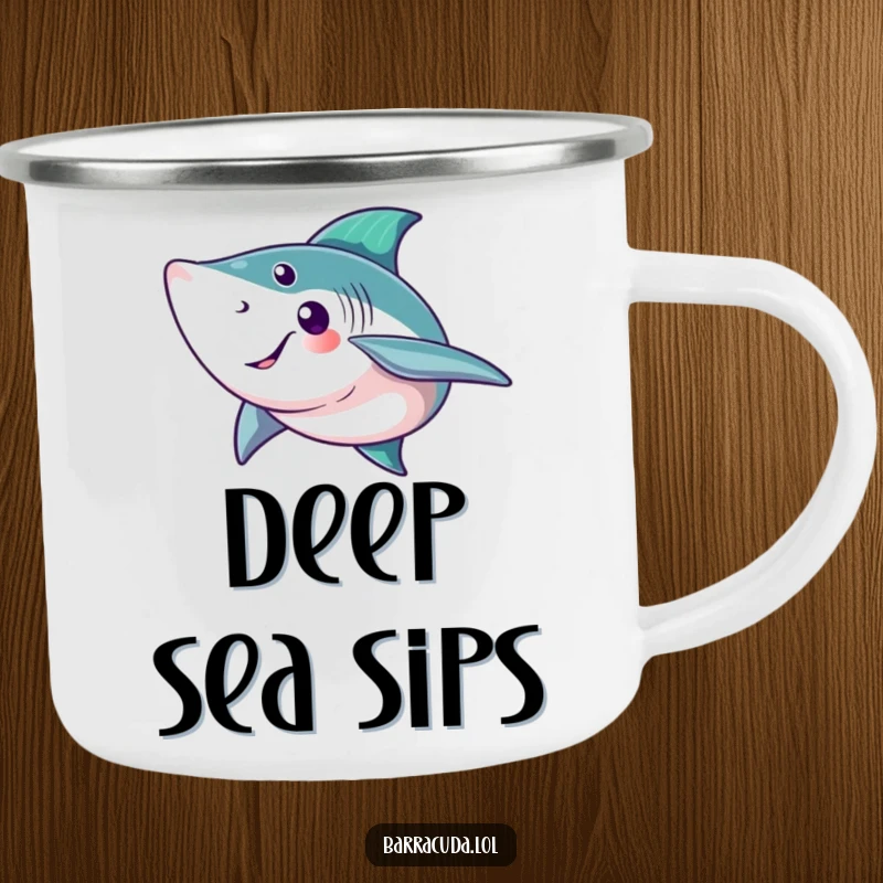 Funny barracuda camping mug with a fish giving a big, friendly tail fin wave, ideal for outdoor use.