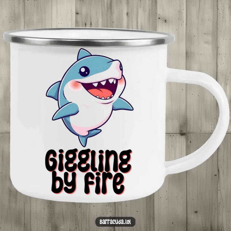 Funny camping mug with a barracuda caught in a silent giggle, enjoying a humorous outdoor adventure.