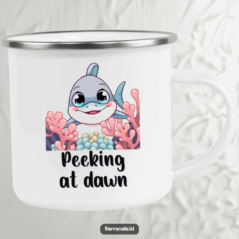 Funny barracuda camping mug with a curious fish peeking from coral, ready for outdoor adventures and intriguing sips.