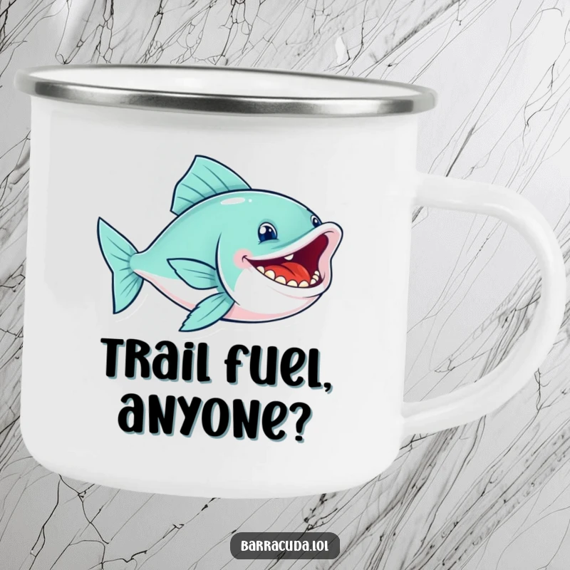 Funny fish camping mug with a sleek swimmer's wide, toothy grin, swimming with glee, perfect for outdoor enthusiasts.