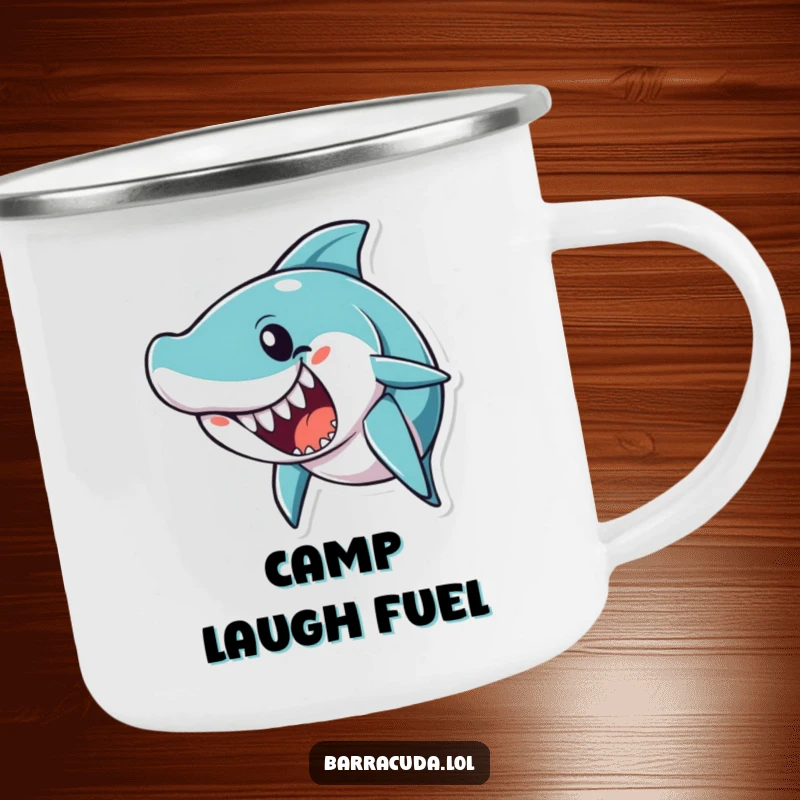 Funny barracuda character with an open mouth, as if telling a joke, on a humorous camping mug.